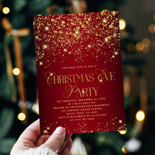 Elegant röd och guld glitter julfirande fest inbjudningar