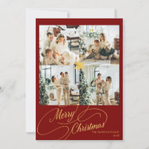 Elegant röd och guld God Jul Familjefoto -