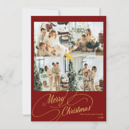 Elegant röd och guld God Jul Familjefoto - Julkort