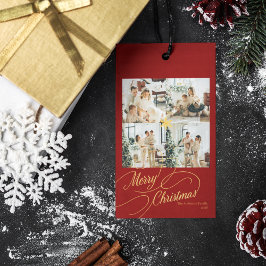 Elegant röd och guld God Jul Familjefoto - Presentetikett