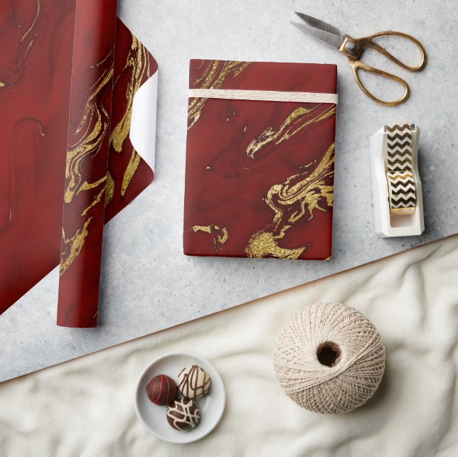 Elegant röd och guld höst fall marmorstensmönster presentpapper (Hantverk)