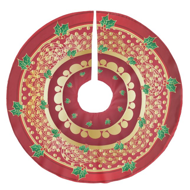 Elegant röd och guld- järnekjulhelgdag julgransmatta borstad polyester (Framsidan)