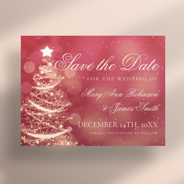 Elegant röd och guld jul bröllop Save The Date Meddelande Vykort (Elegant Red & Gold Christmas Wedding Save The Date Announcement Postcard)
