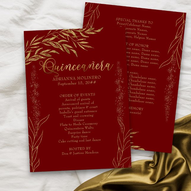 Elegant röd och guld Quinceanera Program (Red Program from my Gold Leaf Quinceanera Collection)