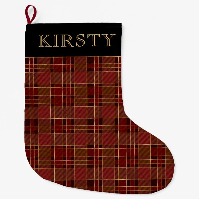 Elegant röd och guld vinter jul plaid stor julstrumpa (Framsidan)
