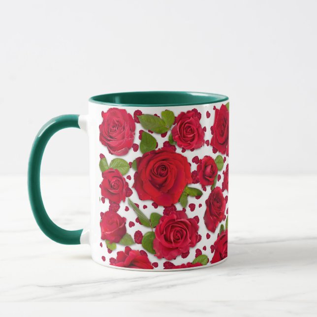 Elegant röd och mörk rosa blomrosmönster mugg (Vänster)
