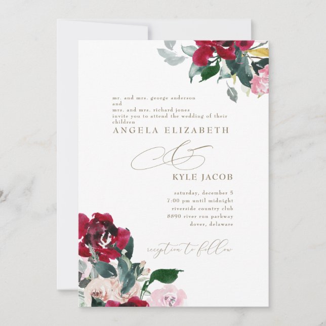 Elegant Röd och Rosa Blommigt Båda föräldrarna Brö Inbjudningar (Framsida)