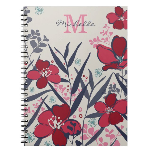 Elegant röd och rosa blomster monogram anteckningsbok (Framsidan)
