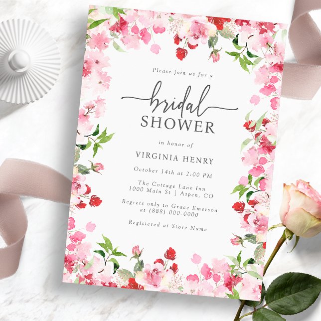 Elegant röd och rosa bröllopsdusch inbjudningar (Elegant Red and Pink Bridal Shower Invitation - Watercolor Red and Pink Floral)