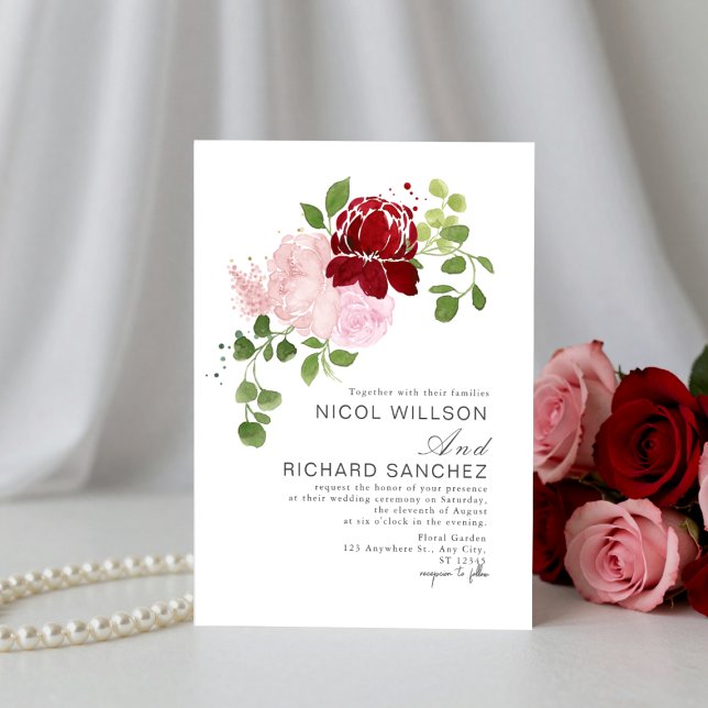Elegant röd och rosa sommarblommig bröllop  inbjudningar (Skapare uppladdad)