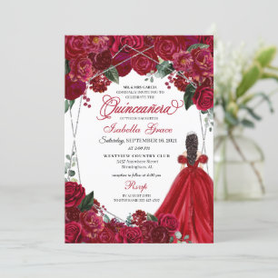 Elegant röd och silver blomster Quinceanera födels Inbjudningar