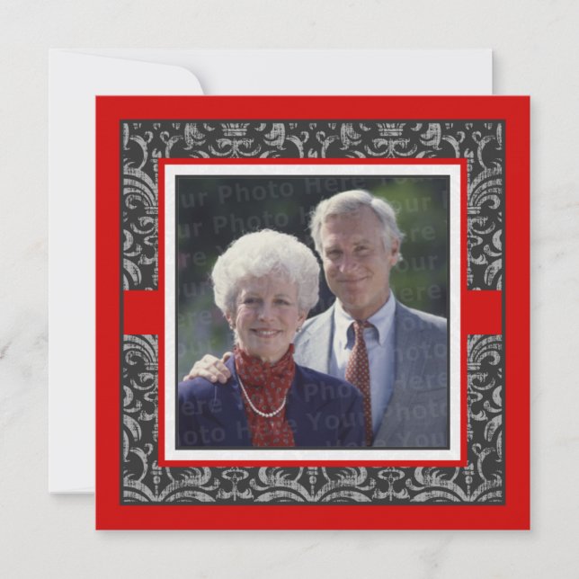 Elegant röd och svart damask bröllopsjubileum inbjudningar (Framsida)