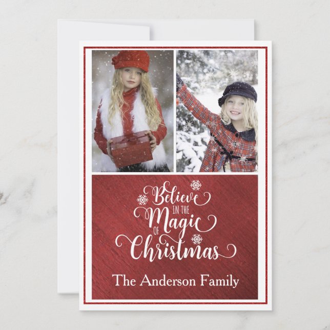 Elegant röd och vit jul fotokort julkort (Framsida)