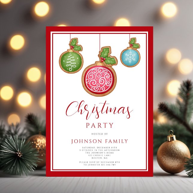 Elegant röd pärla julfest inbjudan (Elegant Red Bauble Christmas Party Invitation)
