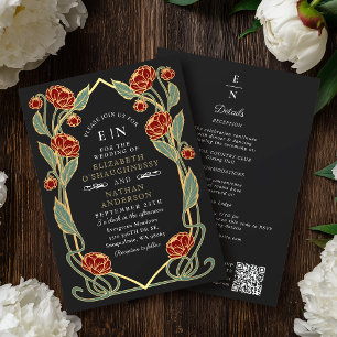 Elegant röd peon Art Nouveau QR-kod bröllop Inbjudningar