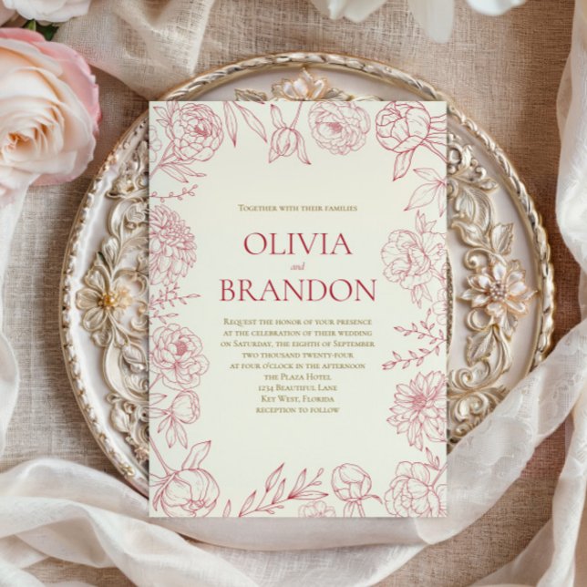 Elegant röd peony blomstergräns linje konst bröllo inbjudningar (Skapare uppladdad)