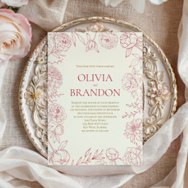 Elegant röd peony blomsterkant linje konst bröllop inbjudningar