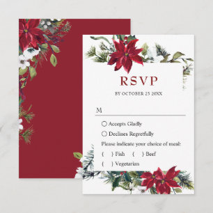 Elegant röd poinsettia akvarell tall gran bröllop OSA kort