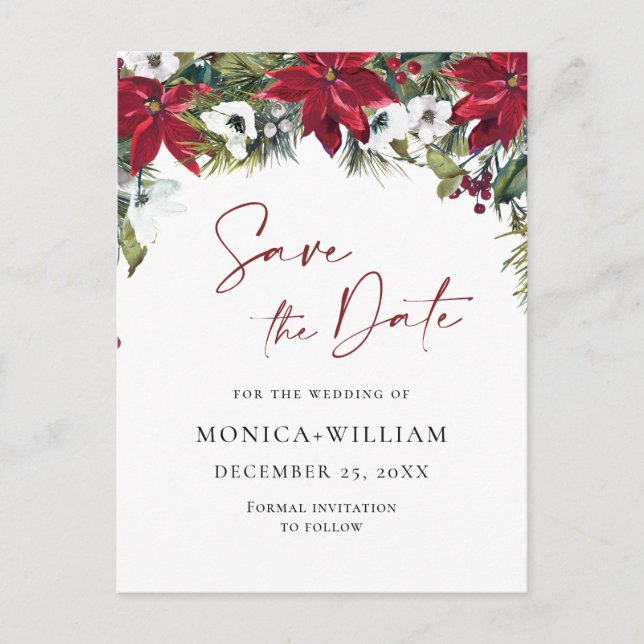 Elegant röd poinsettia bröllop Save the Date Vykort (Framsida)