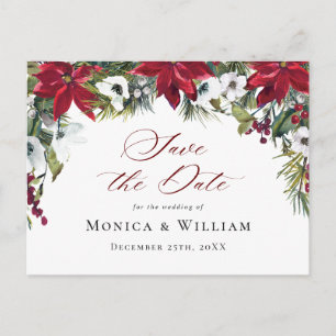 Elegant röd poinsettia bröllop Save the Date Vykort