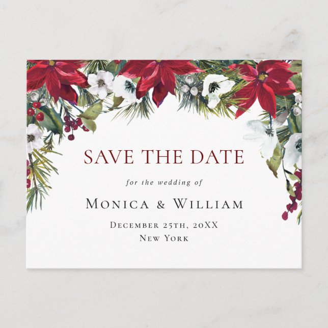 Elegant röd poinsettia bröllop Save the Date Vykort (Framsida)
