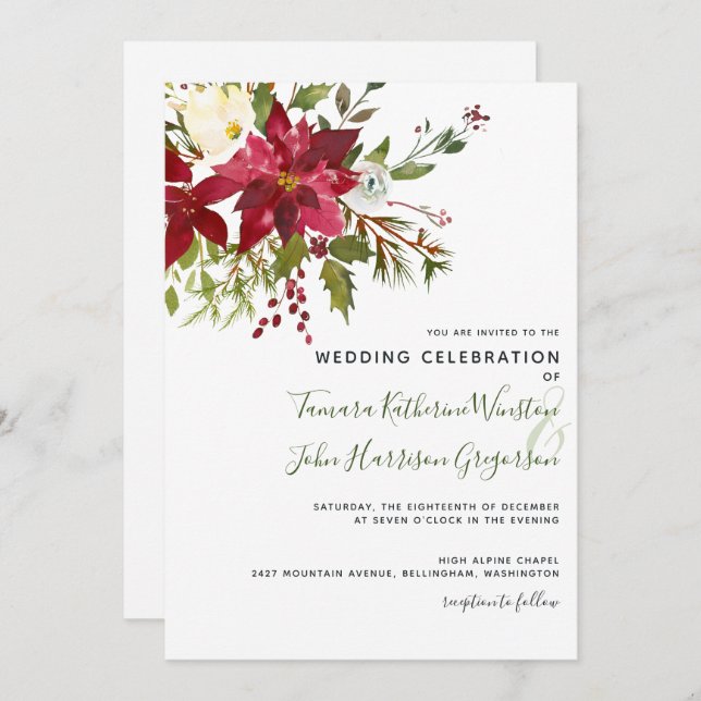 Elegant röd poinsettia grönska julbröllop inbjudningar (Fram/baksida)