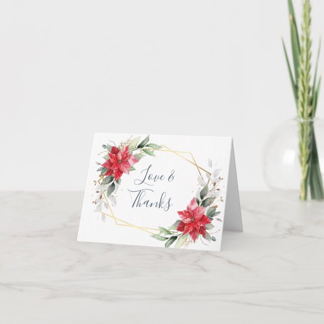 Elegant röd poinsettia vintergrönska akvarell tack kort (Framsida)