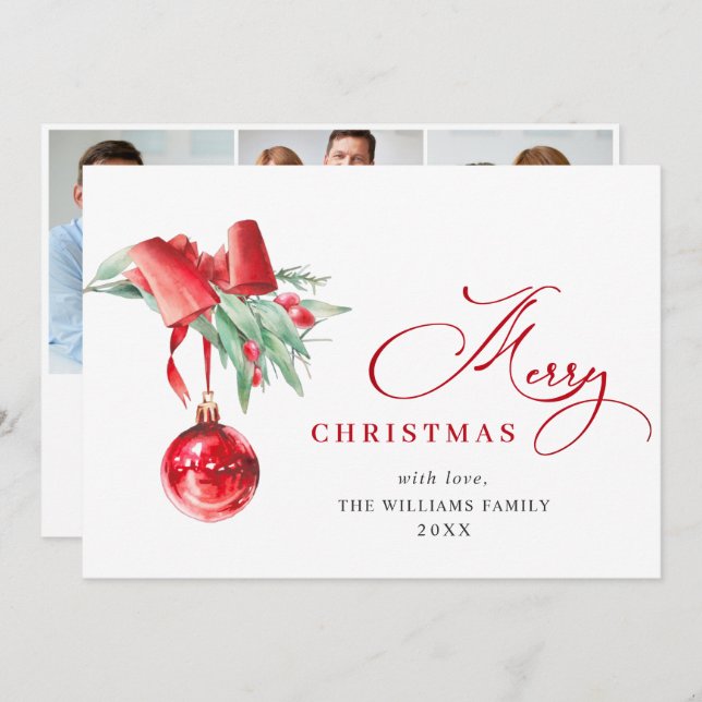 Elegant röd prydnad Julhälsning 3 FOTO Julkort (Fram/baksida)