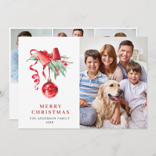 Elegant röd prydnad Julhälsning 4 FOTO Julkort (Fram/baksida)