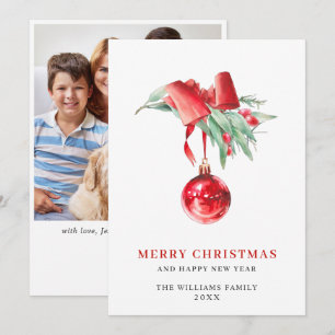 Elegant röd prydnad Julhälsning FOTO Julkort