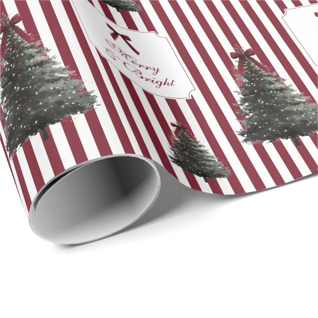 Elegant röd randig rosett vattenfärg julgran presentpapper (Rullad Hörn)