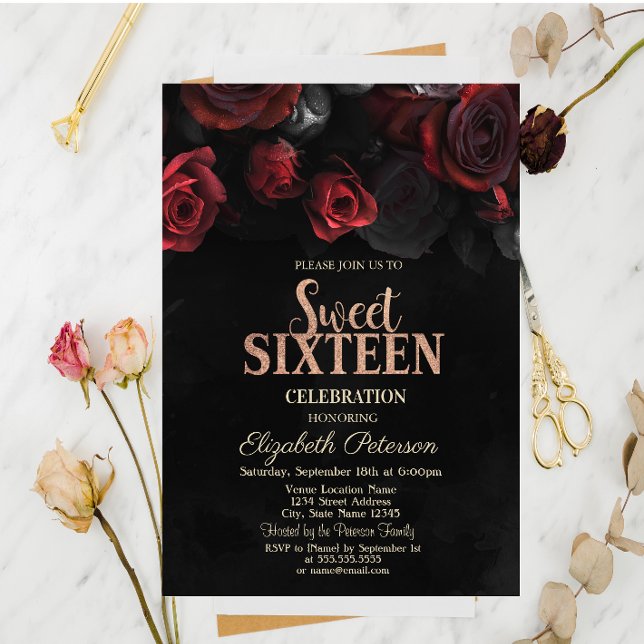 Elegant Röd ros Black Sweet 16 Inbjudningar (Skapare uppladdad)