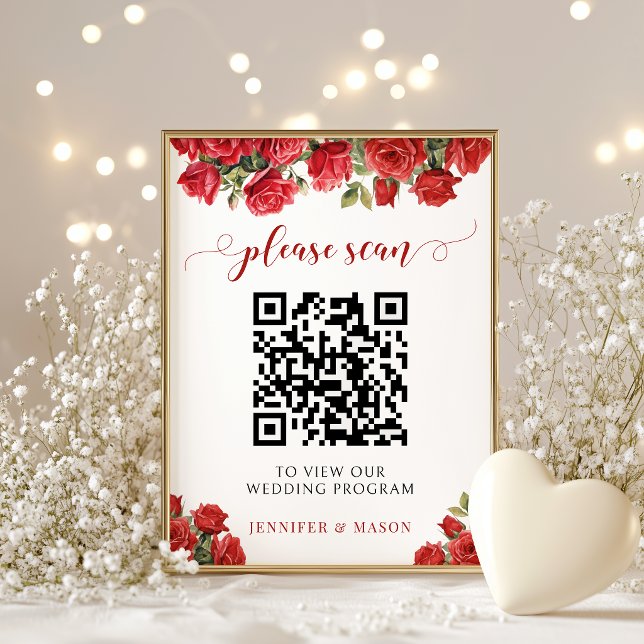Elegant röd ros blommande bröllopsprogram QR-kod Poster (Skapare uppladdad)