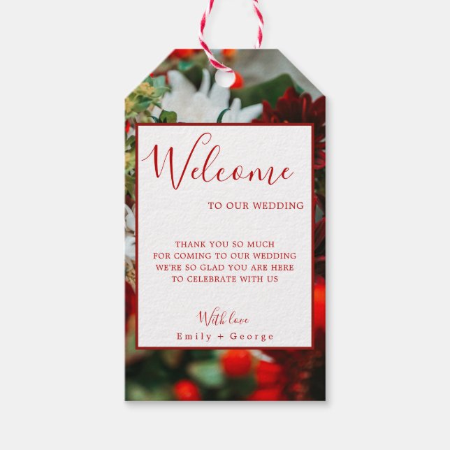 Elegant röd ros blommar blommor blommigt Bröllop Presentetikett (Framsidan)