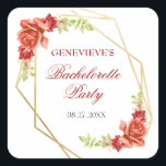 Elegant Röd ros Blommigt Bachelorette Party Fyrkantigt Klistermärke<br><div class="desc">Elegant röd ros i en dubbla i guld har en geometrisk ram som blomstrar i botaniska gröntar. Anpassa den här eleganten boho blommigt bachelorette Party-dekal med ditt eget färg och typsnitt eller behålla för den här populära typografin som den är för din bekvämlighet. Välj dina favoriter från andra objekt i...</div>