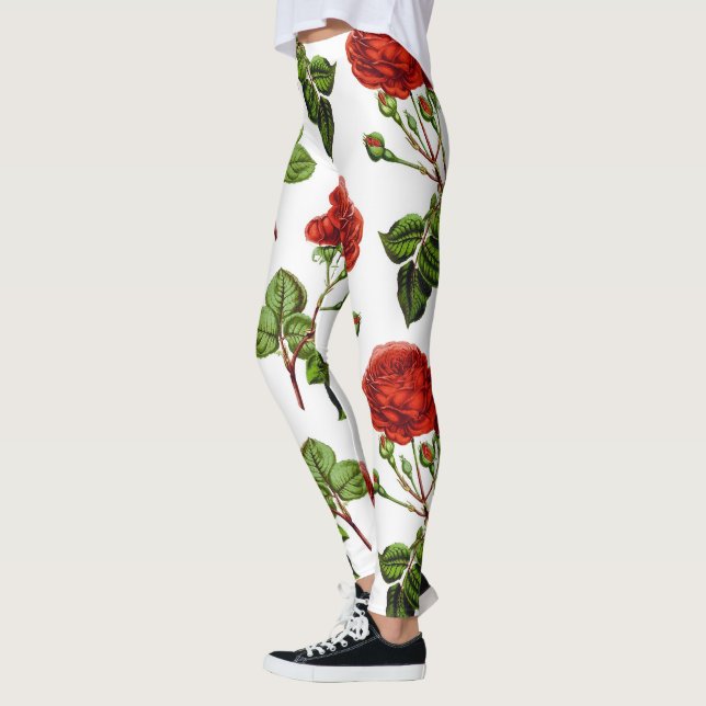 Elegant Röd ros Blommigt Flowers Mönster | Leggings (Vänster)