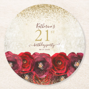 Elegant Röd ros Blommigt Guld 21:a födelsedag Part Underlägg Papper Rund