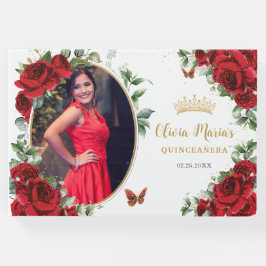 Elegant Röd ros Blommigt Guld Quinceanera Photo Gästböcker