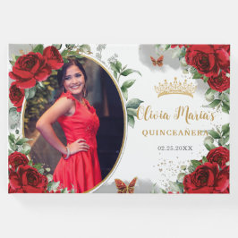 Elegant Röd ros Blommigt Guld Quinceanera Photo Gästböcker