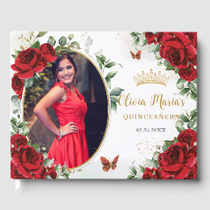 Elegant Röd ros Blommigt Guld Quinceanera Photo Gästböcker