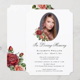 Elegant Röd ros Blommigt Photo Memorial Inbjudningar