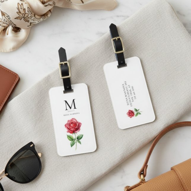 Elegant röd ros blommonogram med personlig text bagagebricka (Skapare uppladdad)