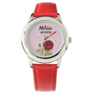 Elegant röd ros blomrosa armbandsur