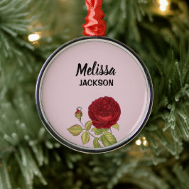Elegant röd ros blomrosa julgransprydnad metall