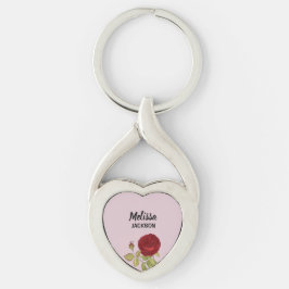 Elegant röd ros blomrosa twisted heart silverfärgad nyckelring