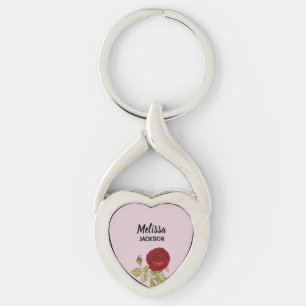 Elegant röd ros blomrosa twisted heart silverfärgad nyckelring