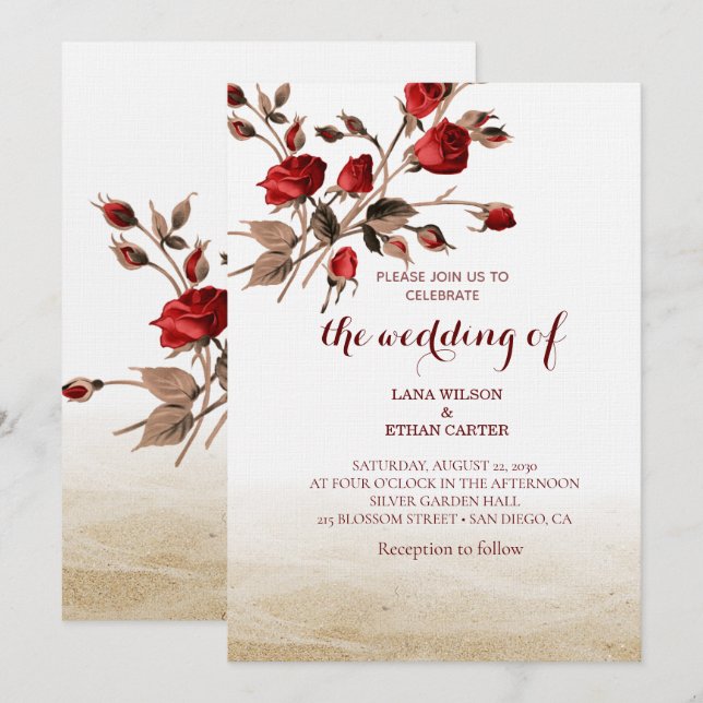 Elegant röd ros blomster vintage konst inbjudningar (Fram/baksida)