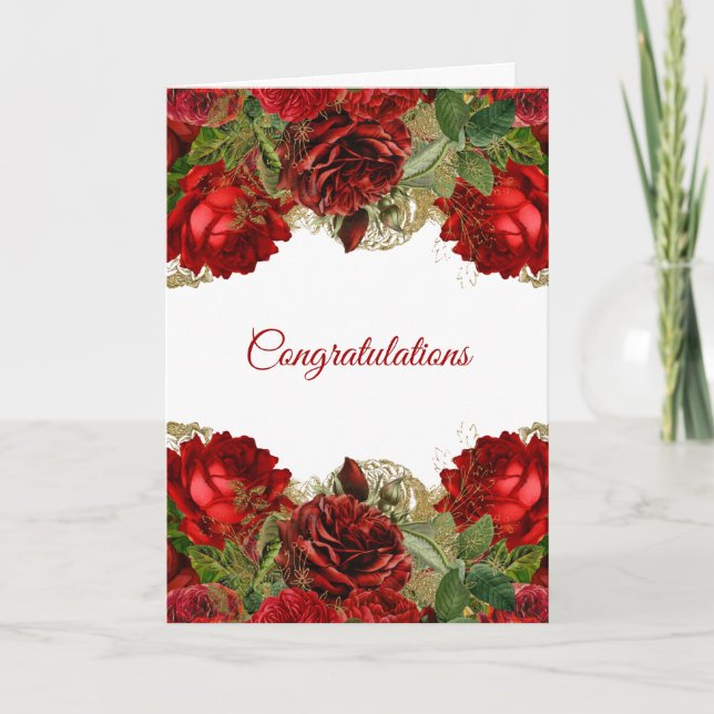 Elegant röd ros blomsterbröllop gratulationer kort (Framsida)