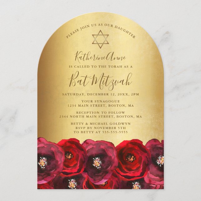 Elegant röd ros blomsterguld Bat Mitzvah Inbjudningar (Framsida)