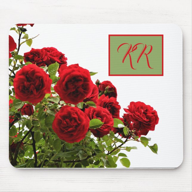 Elegant Röd ros Bouquet Blommigt Monogram Musmatta (Framsidan)
